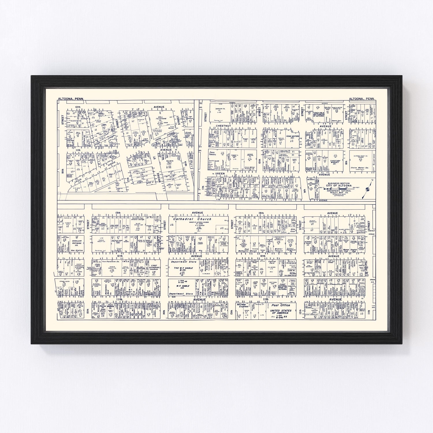 Vintage map of Altoona PA business section, 1950, Blair County