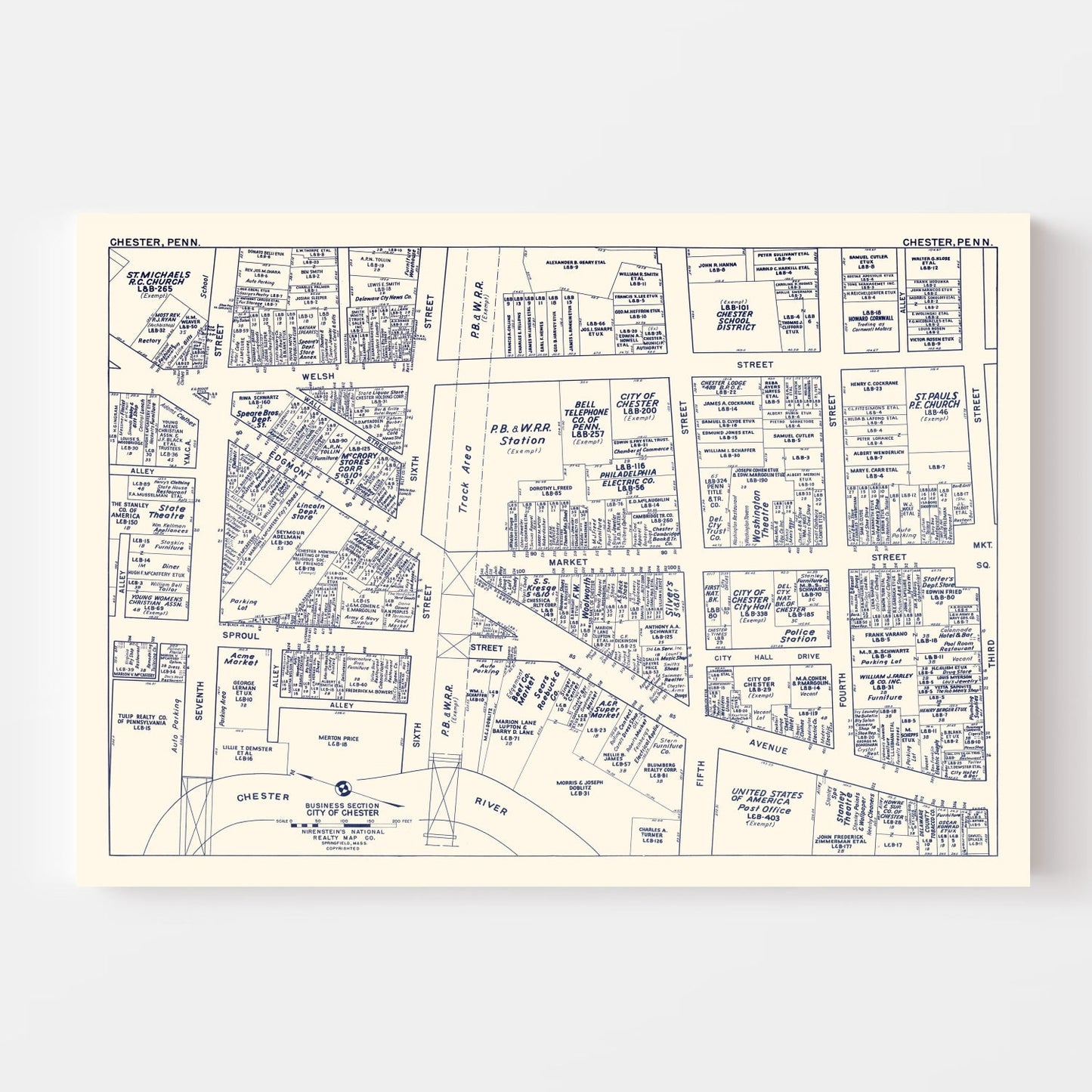 Vintage Map of Chester, PA Business Section, 1950