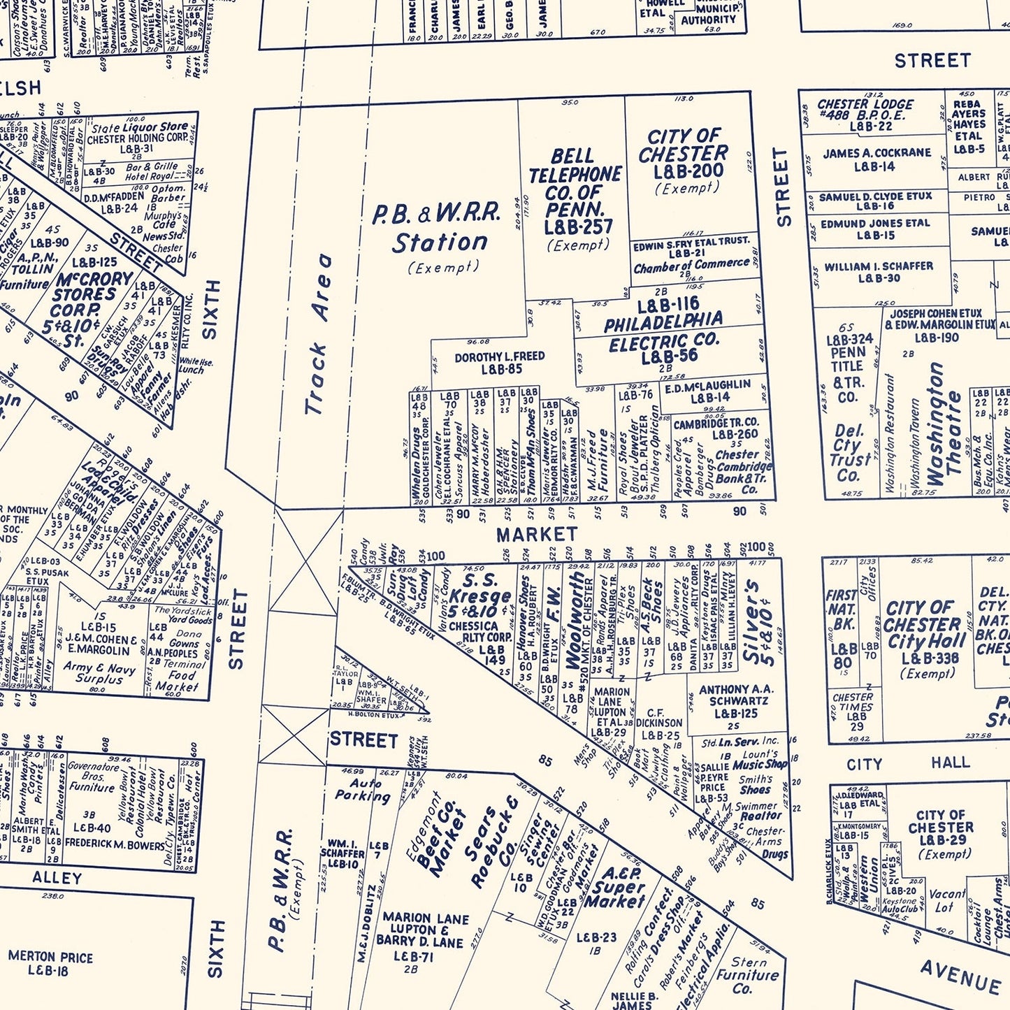 Vintage Map of Chester, PA Business Section, 1950