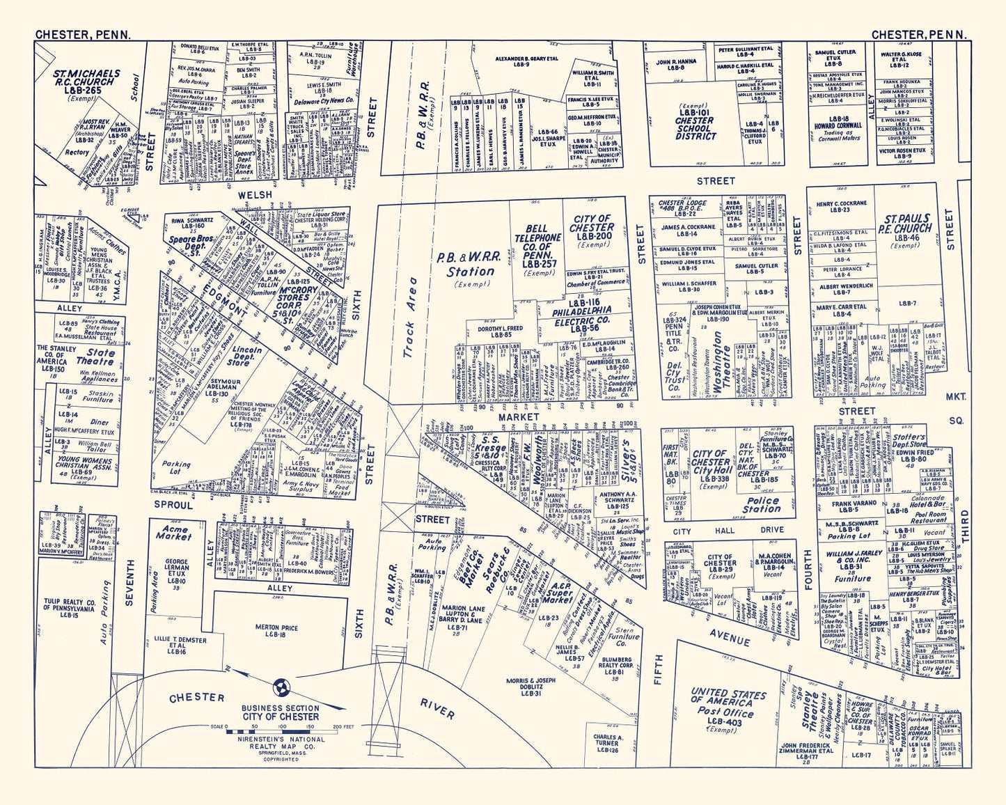 Vintage Map of Chester, PA Business Section, 1950