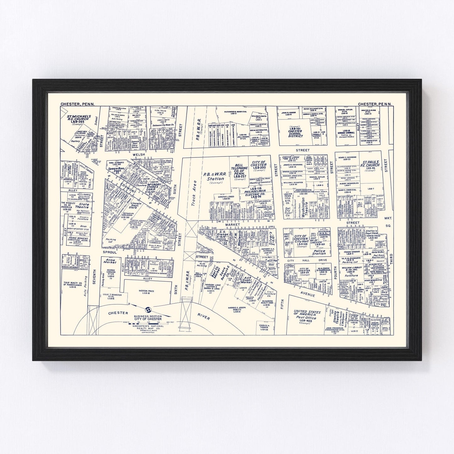 Vintage map of Chester, Pennsylvania business section, 1950, digitally restored print