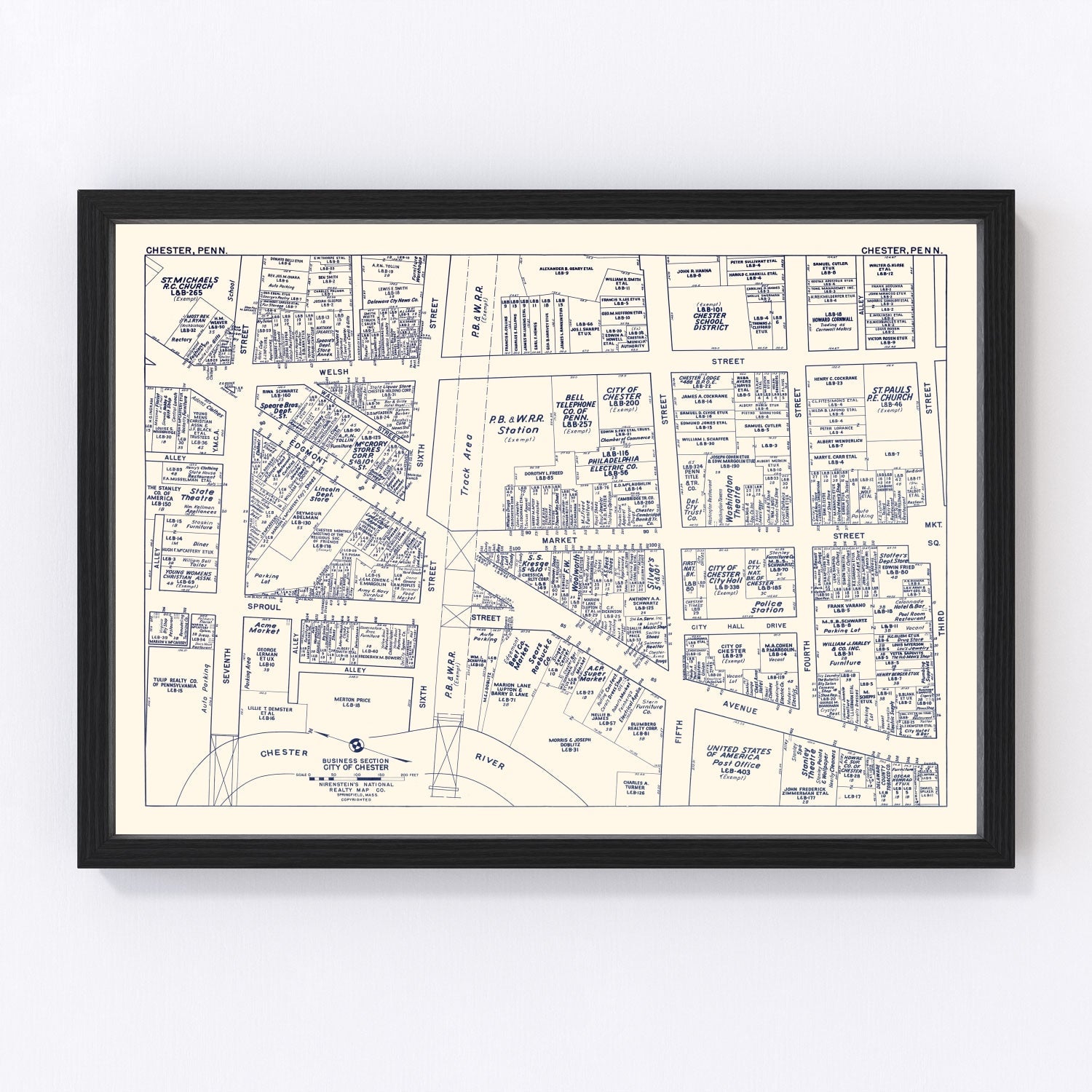 Vintage map of Chester, Pennsylvania business section, 1950, digitally restored print