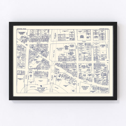 Vintage map of Chester, Pennsylvania business section, 1950, digitally restored print