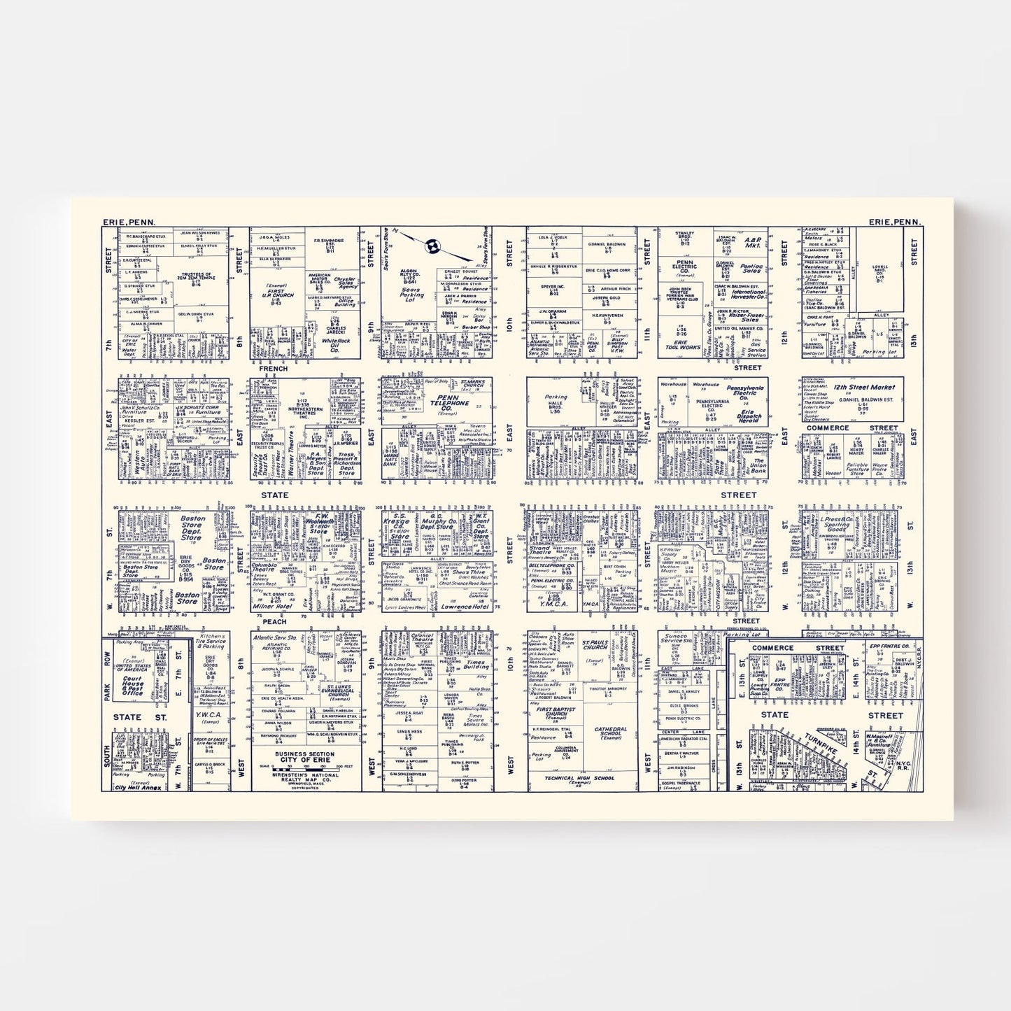 Vintage Map of Erie, PA Business Section, 1950