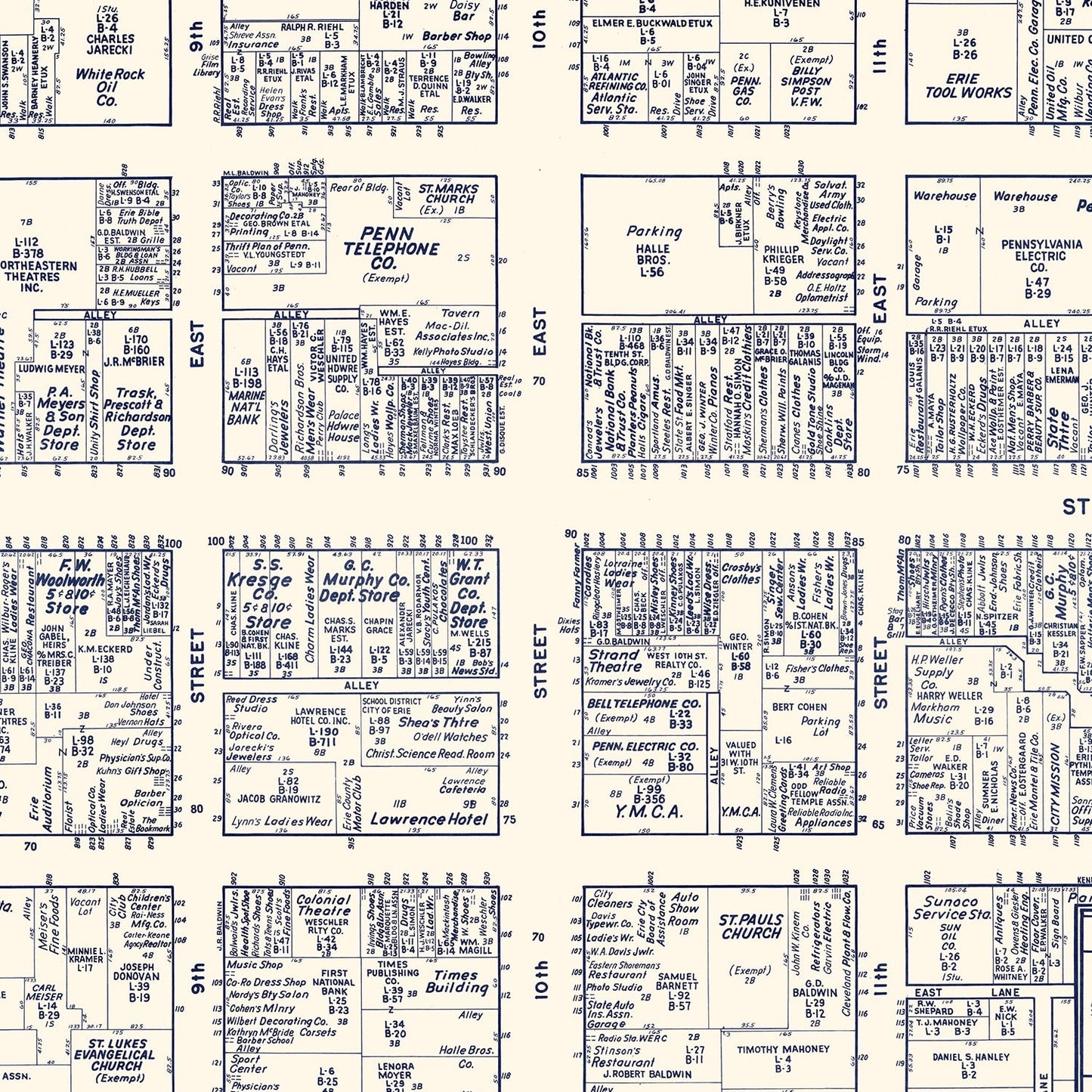 Vintage Map of Erie, PA Business Section, 1950