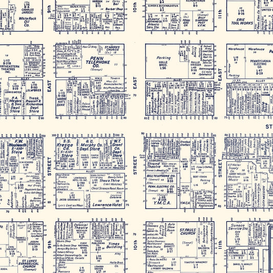 Vintage Map of Erie, PA Business Section, 1950