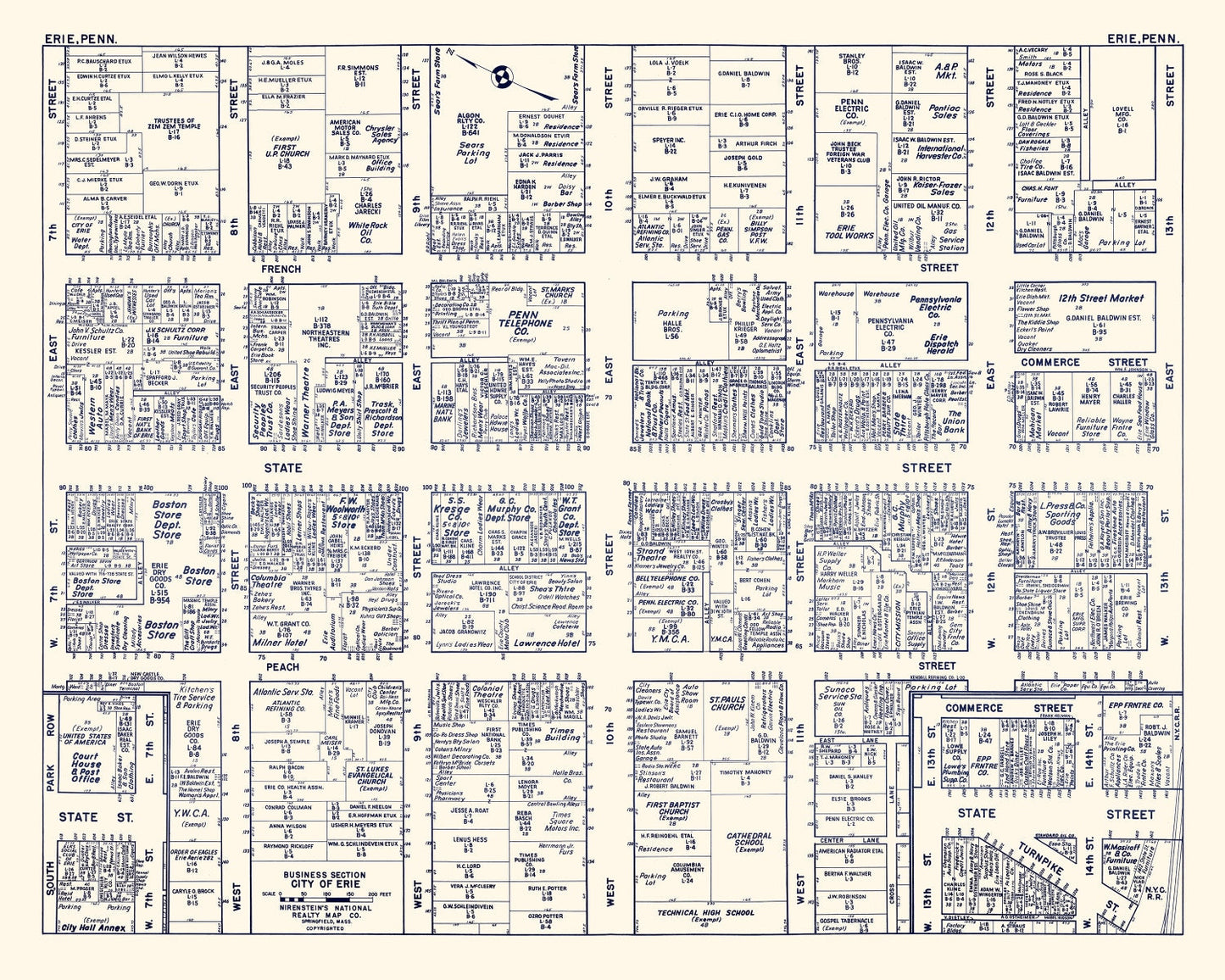 Vintage Map of Erie, PA Business Section, 1950