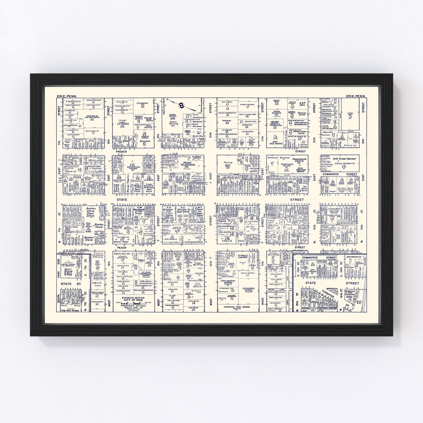 vintage map of Erie, PA business section, 1950