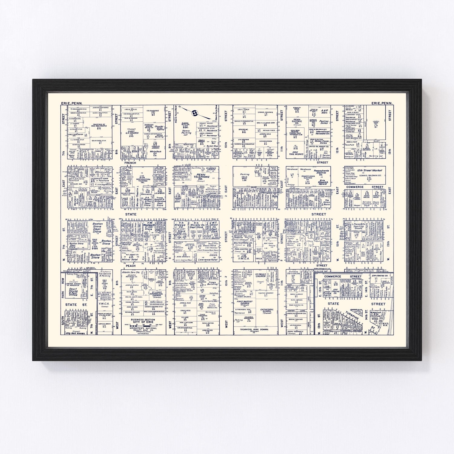vintage map of Erie, PA business section, 1950