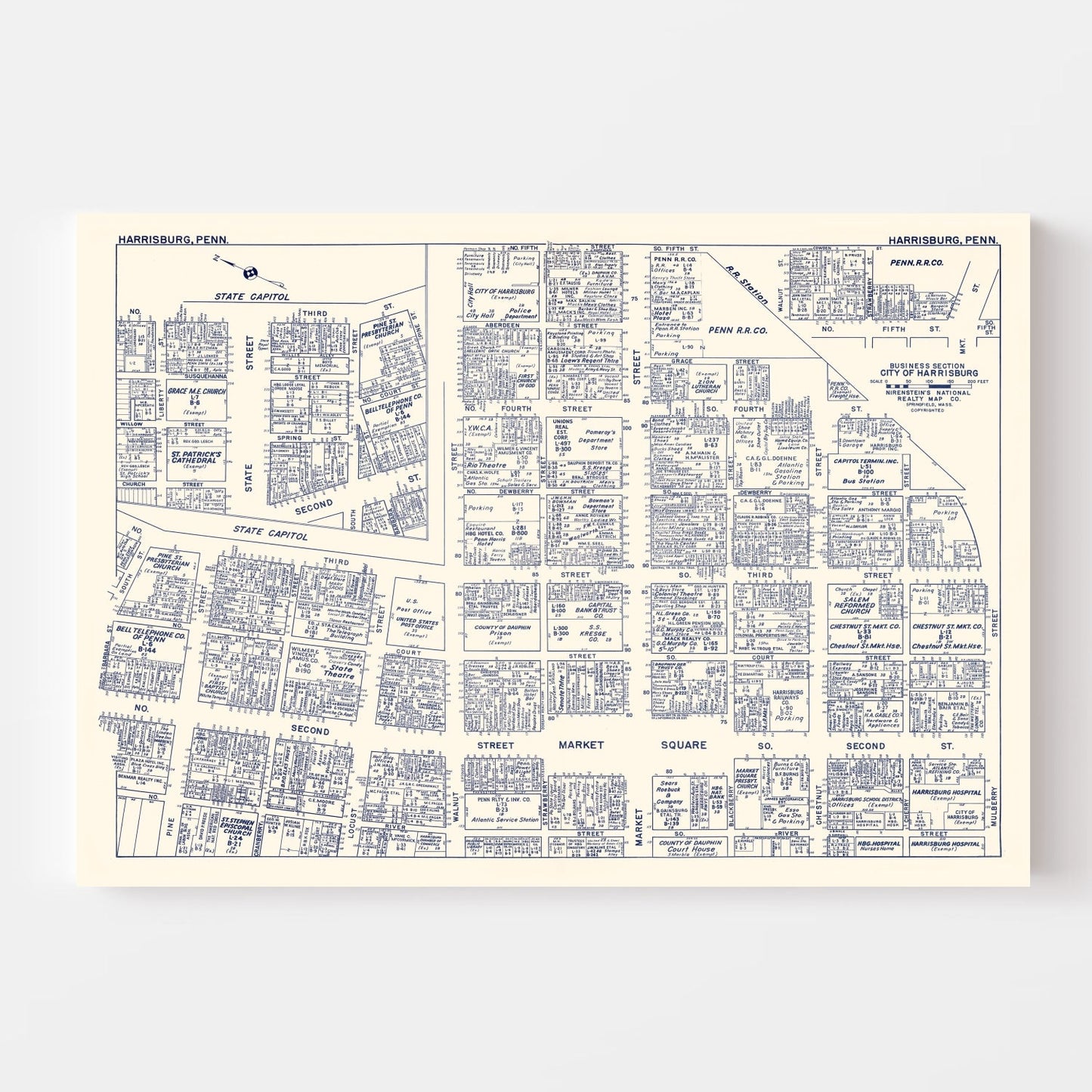 Vintage Map of Harrisburg Business Section, Pennsylvania, 1950