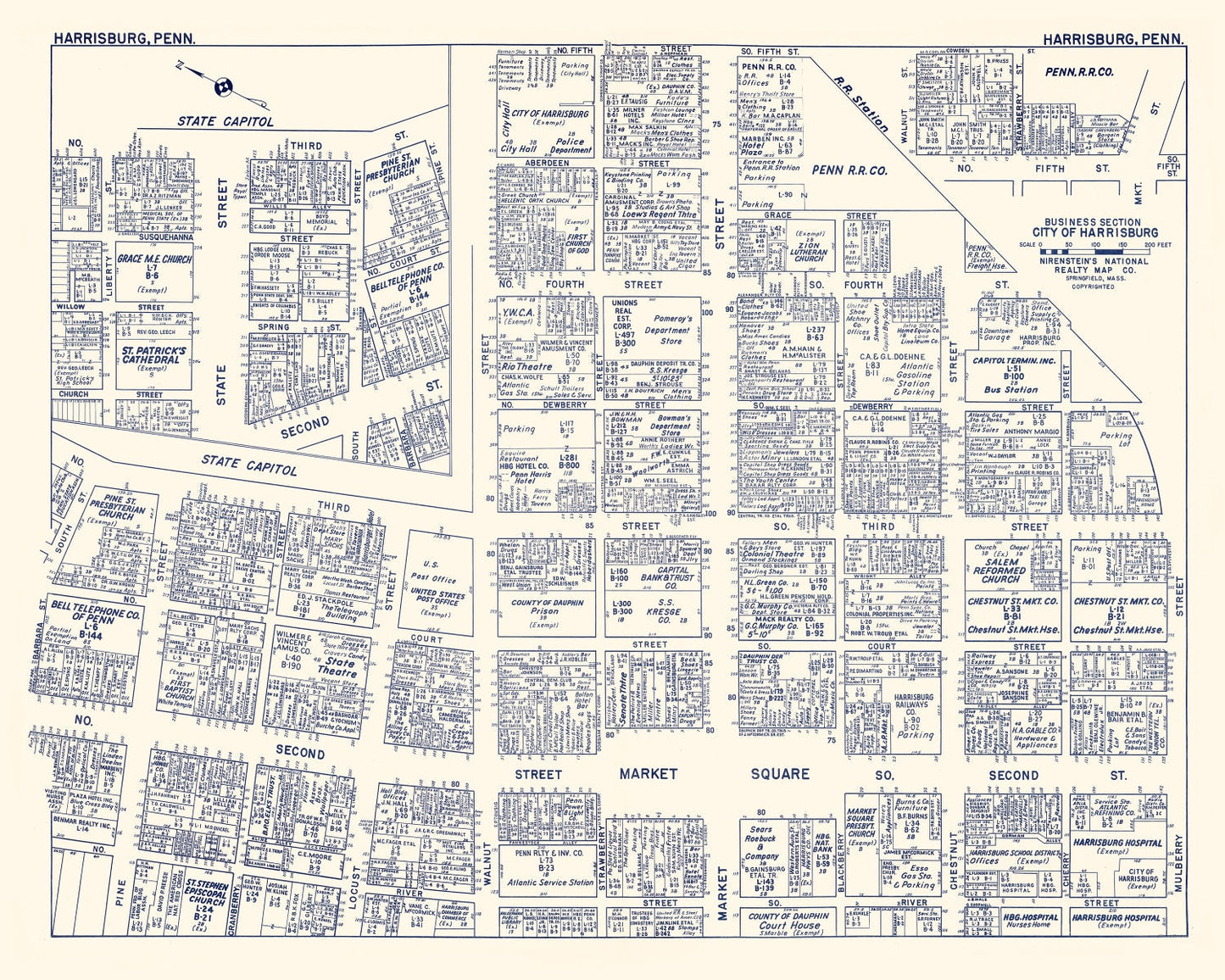 Vintage Map of Harrisburg Business Section, Pennsylvania, 1950