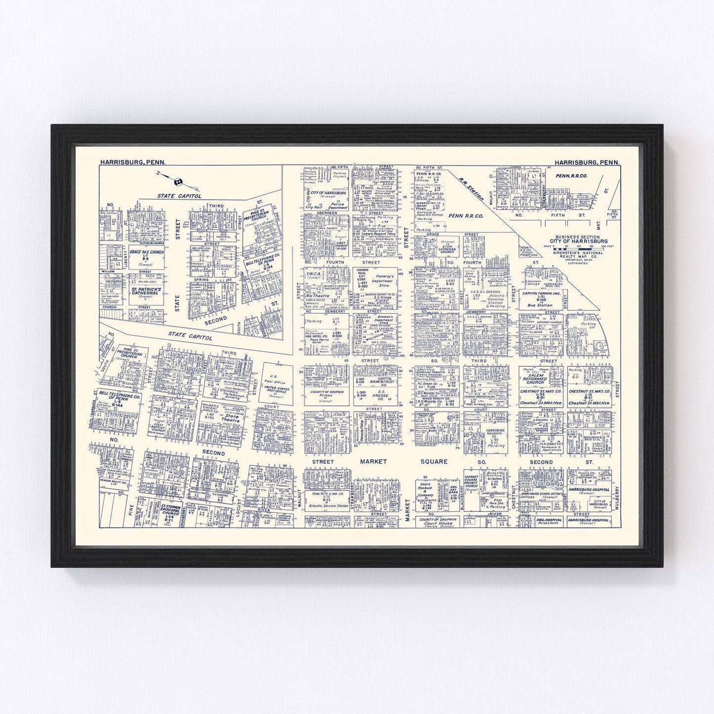 Vintage map of Harrisburg business section, Pennsylvania, 1950