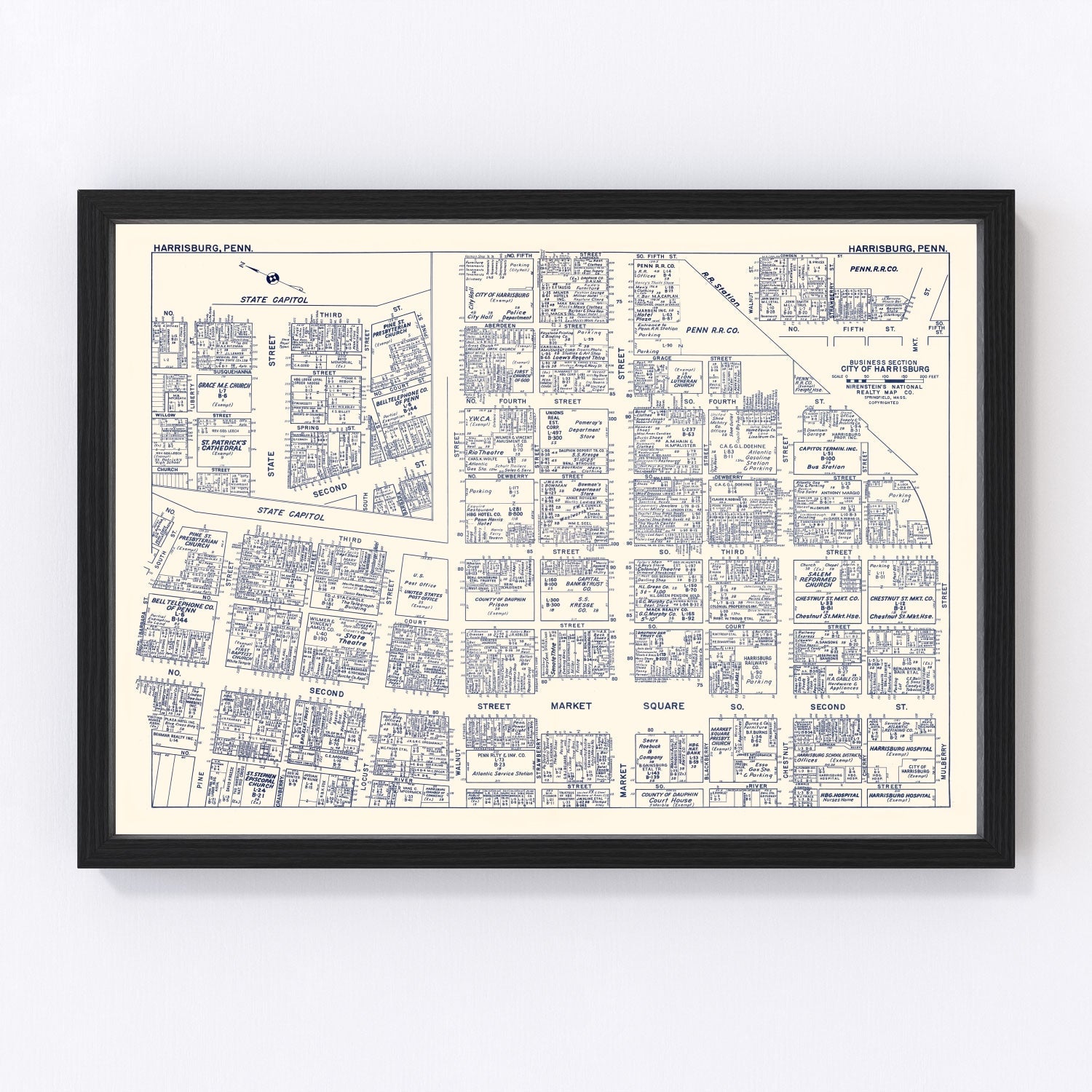 Vintage map of Harrisburg business section, Pennsylvania, 1950