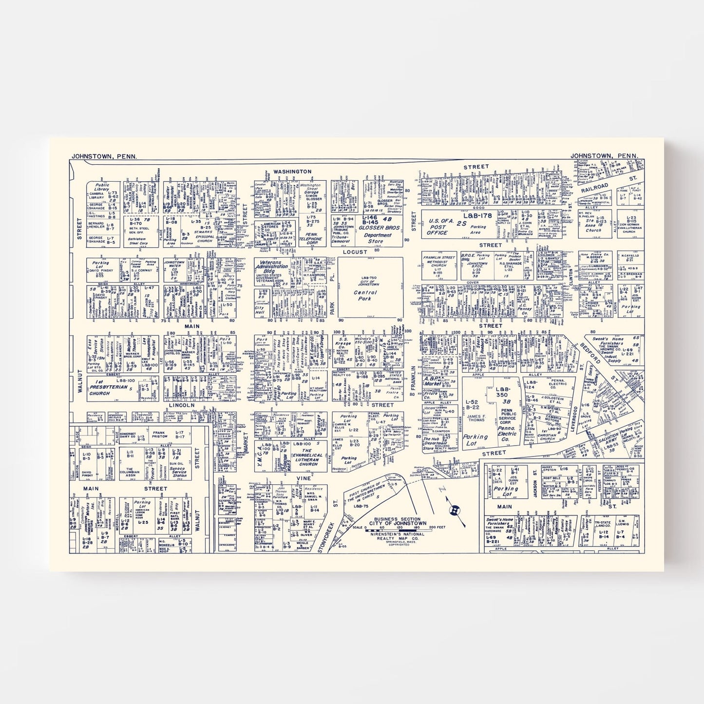 Vintage Map of Johnstown, Pennsylvania Business Section, 1950