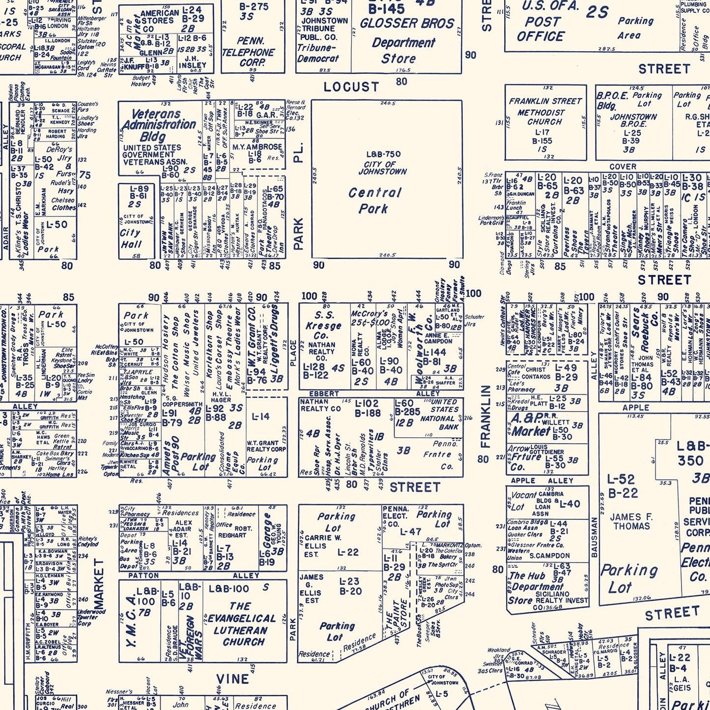 Vintage Map of Johnstown, Pennsylvania Business Section, 1950