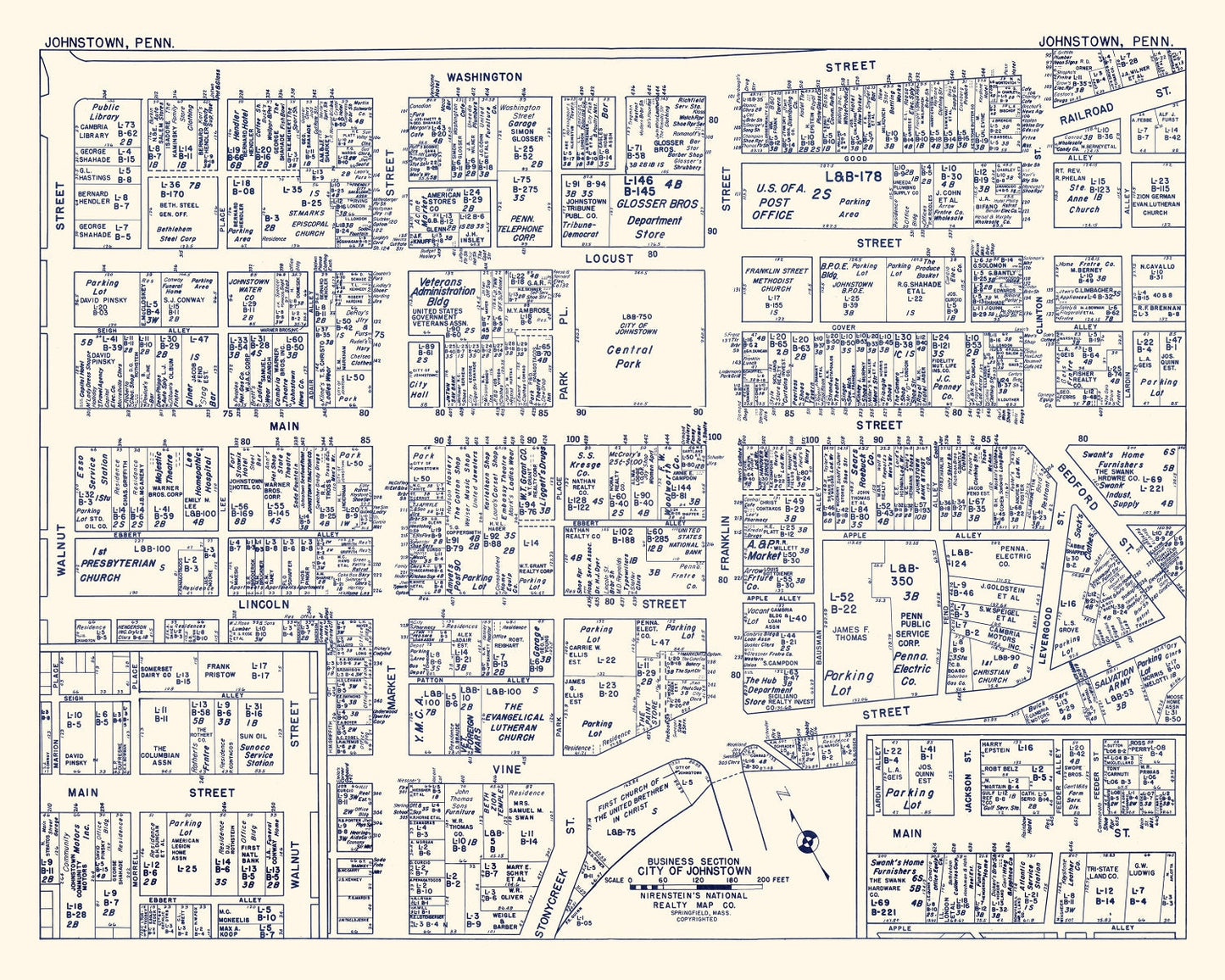 Vintage Map of Johnstown, Pennsylvania Business Section, 1950