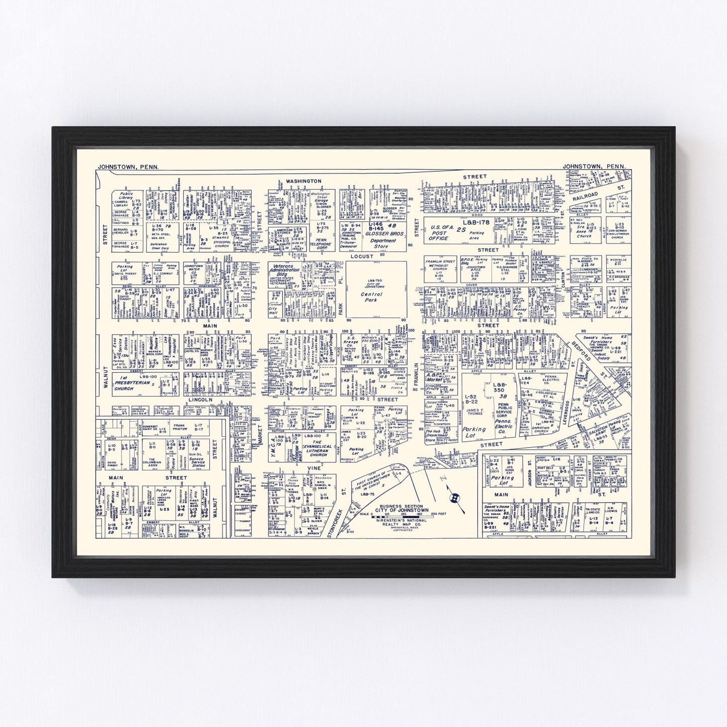 Vintage map of Johnstown, Pennsylvania business section, 1950