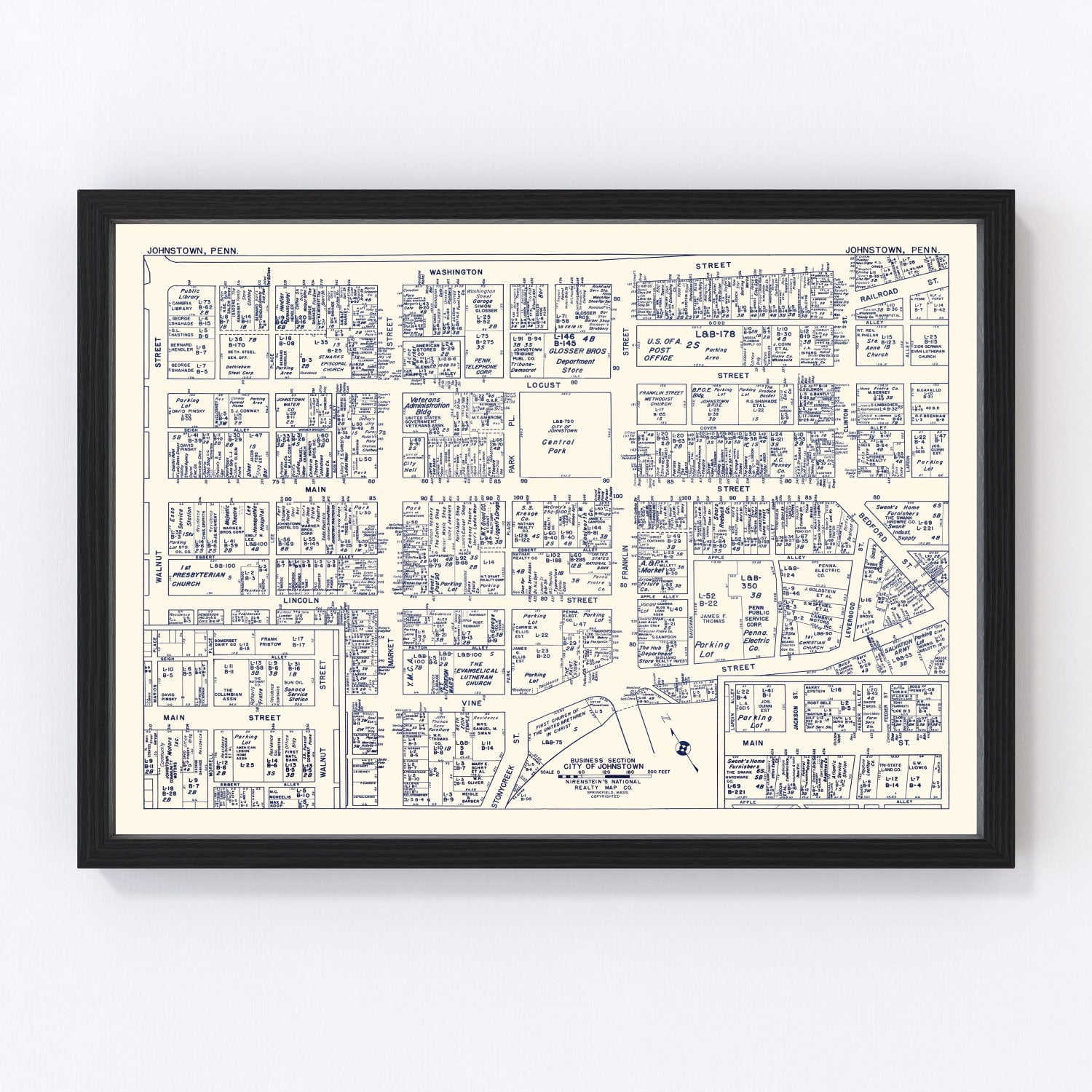 Vintage map of Johnstown, Pennsylvania business section, 1950