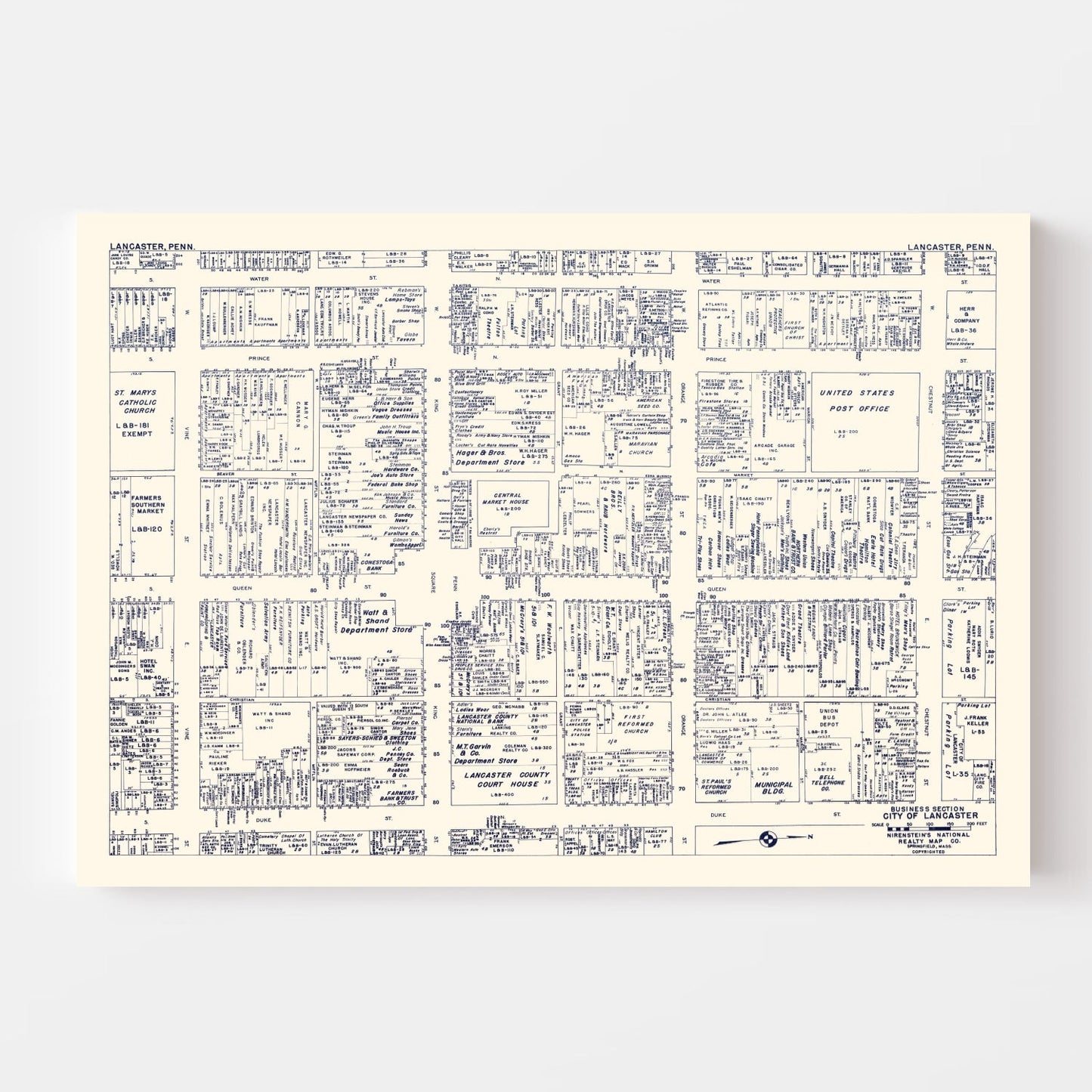 Vintage Map of Lancaster, Pennsylvania Business Section, 1950