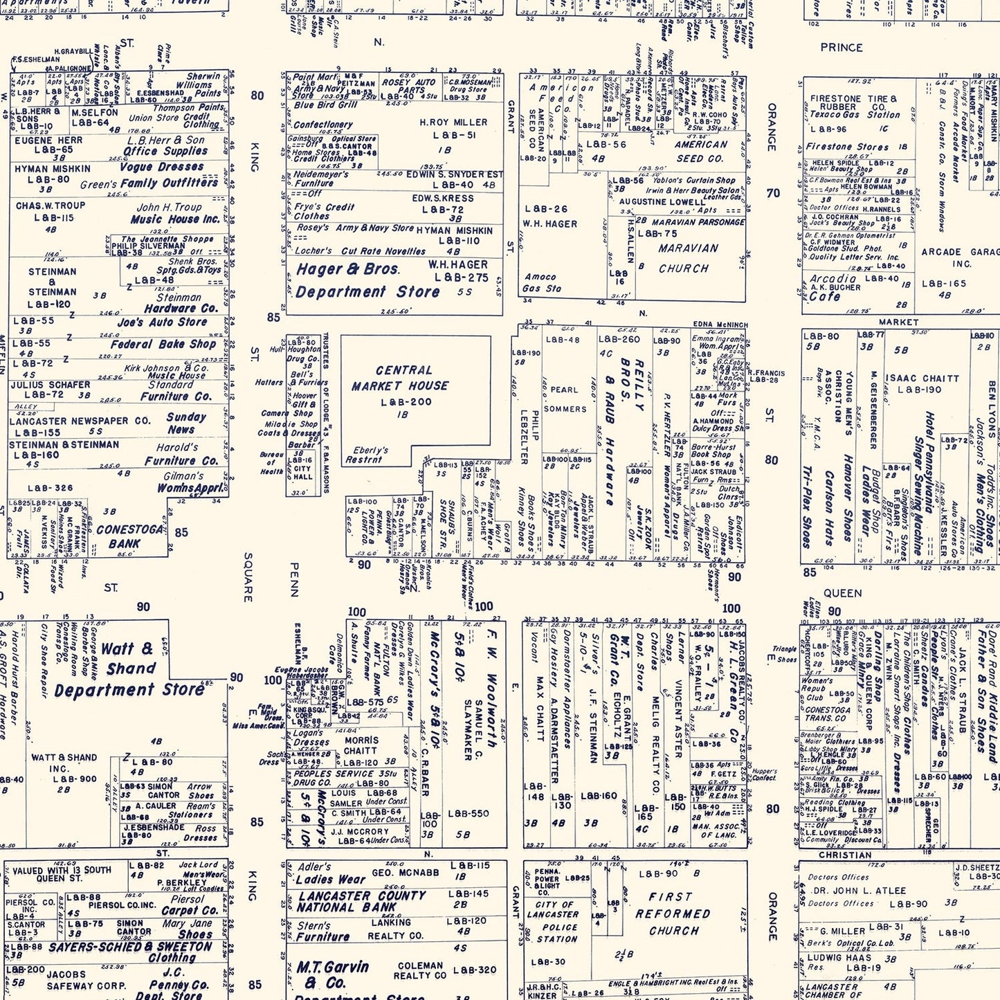 Vintage Map of Lancaster, Pennsylvania Business Section, 1950
