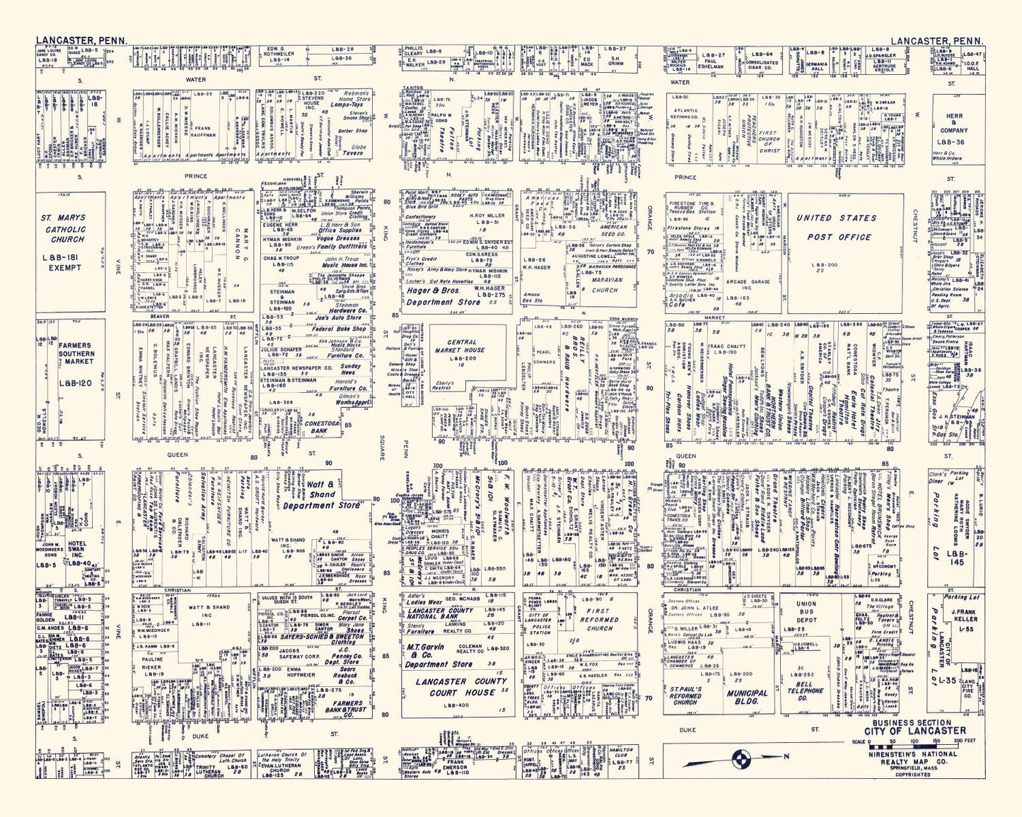 Vintage Map of Lancaster, Pennsylvania Business Section, 1950