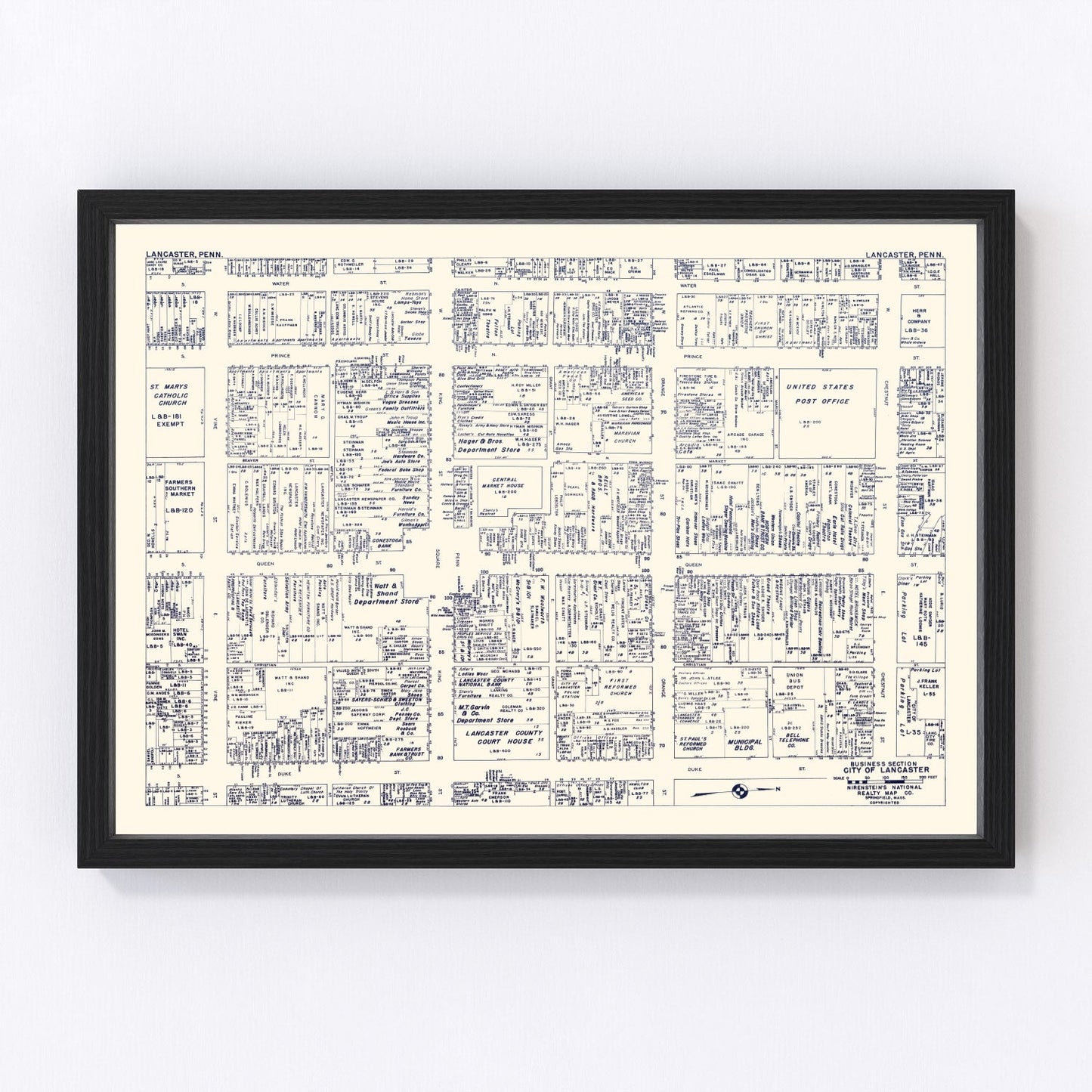 Vintage map of Lancaster, Pennsylvania business section, 1950