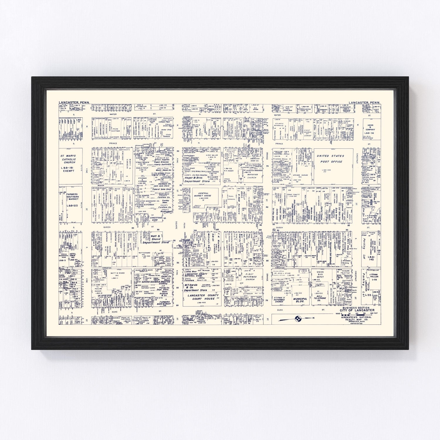 Vintage map of Lancaster, Pennsylvania business section, 1950