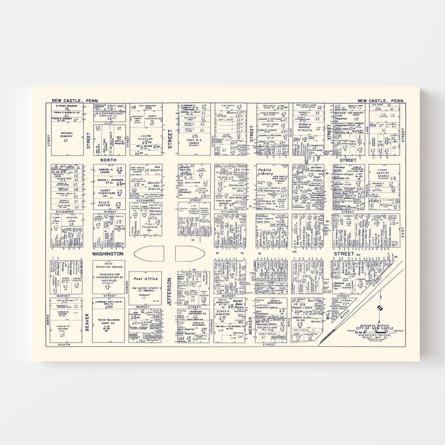 Vintage Map of New Castle, PA Business Section, 1950