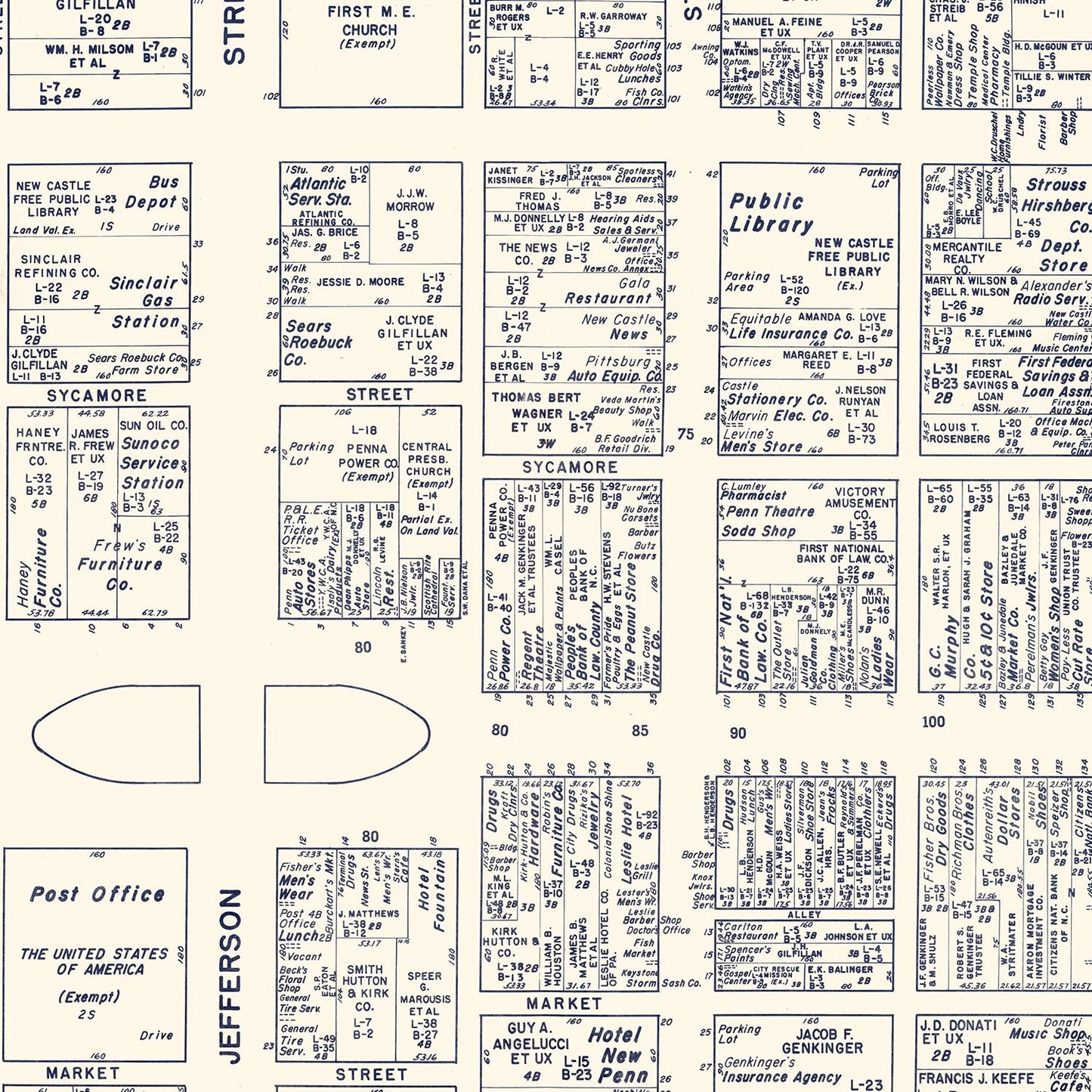 Vintage Map of New Castle, PA Business Section, 1950
