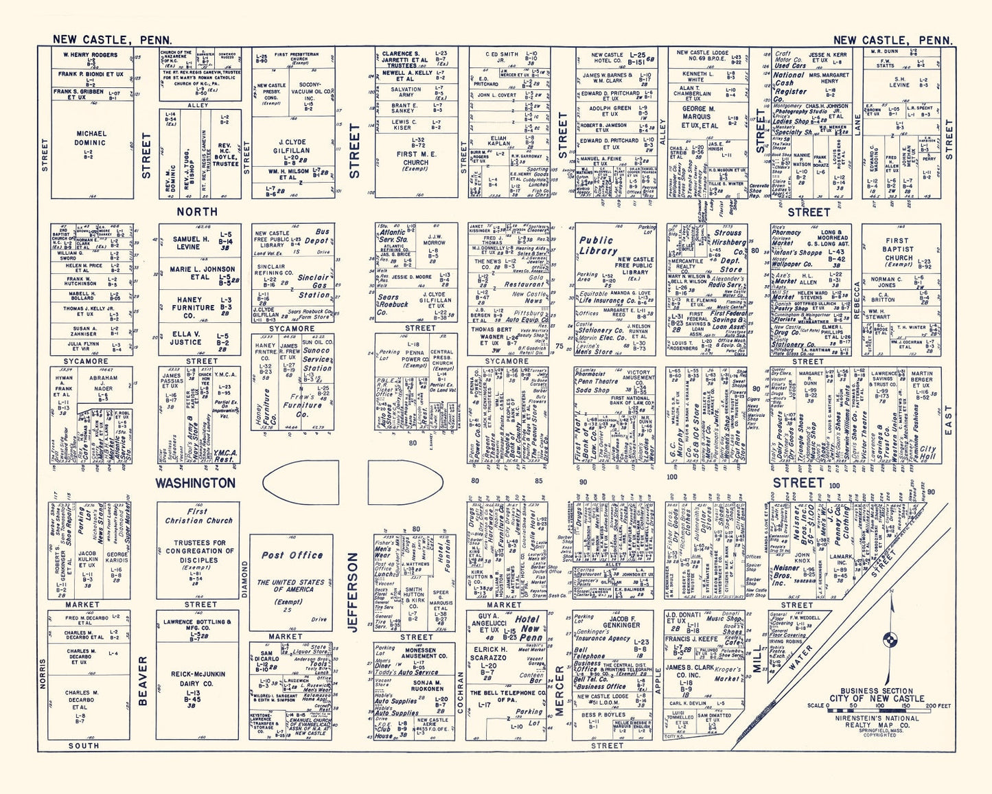 Vintage Map of New Castle, PA Business Section, 1950