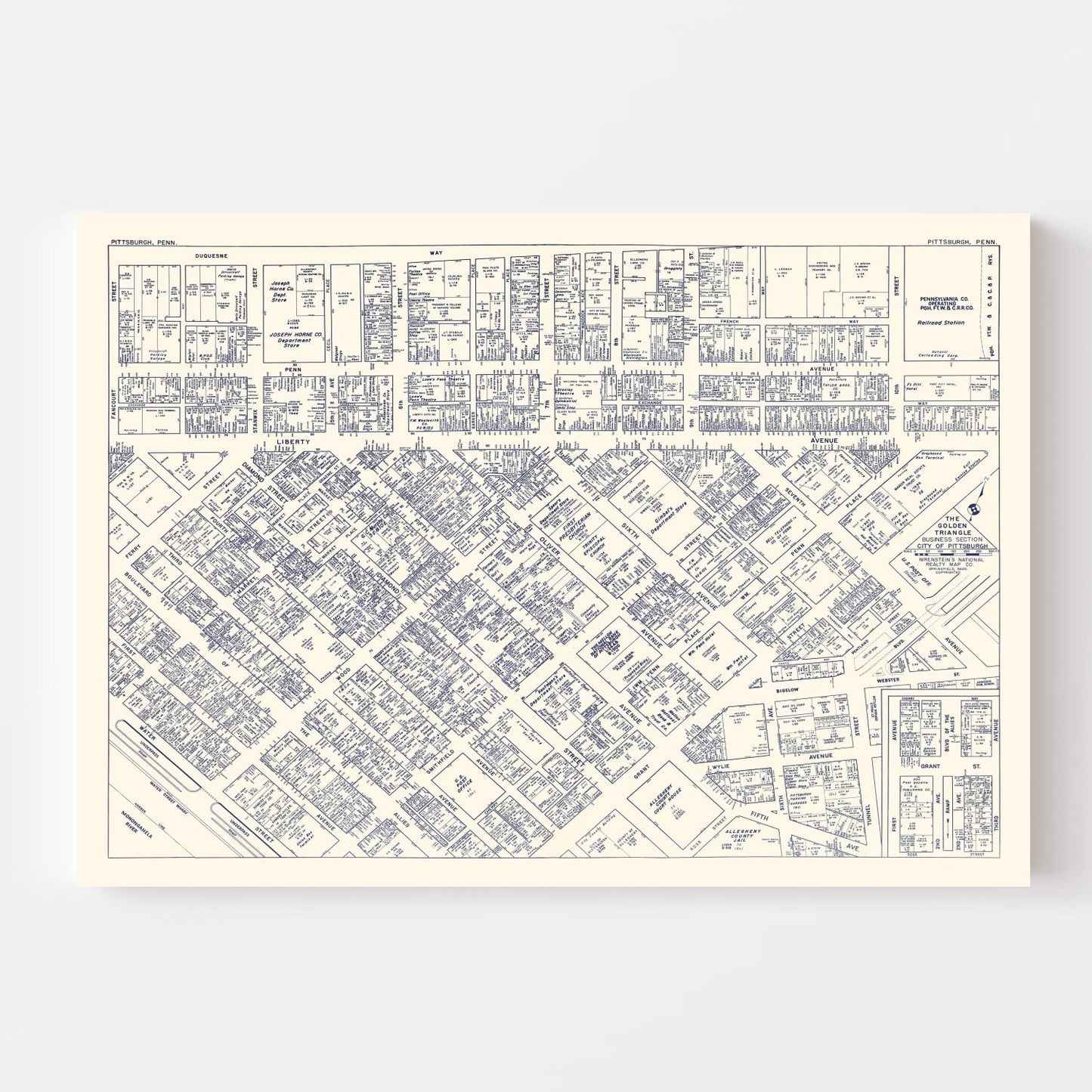 Vintage Map of Pittsburgh, Pennsylvania Business Section, 1950