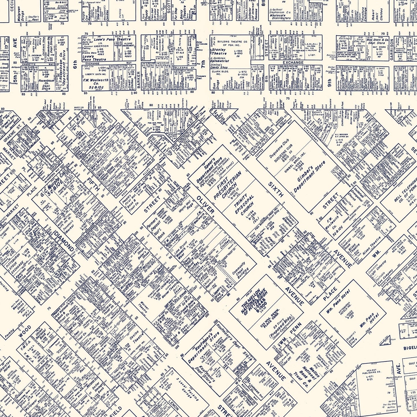 Vintage Map of Pittsburgh, Pennsylvania Business Section, 1950
