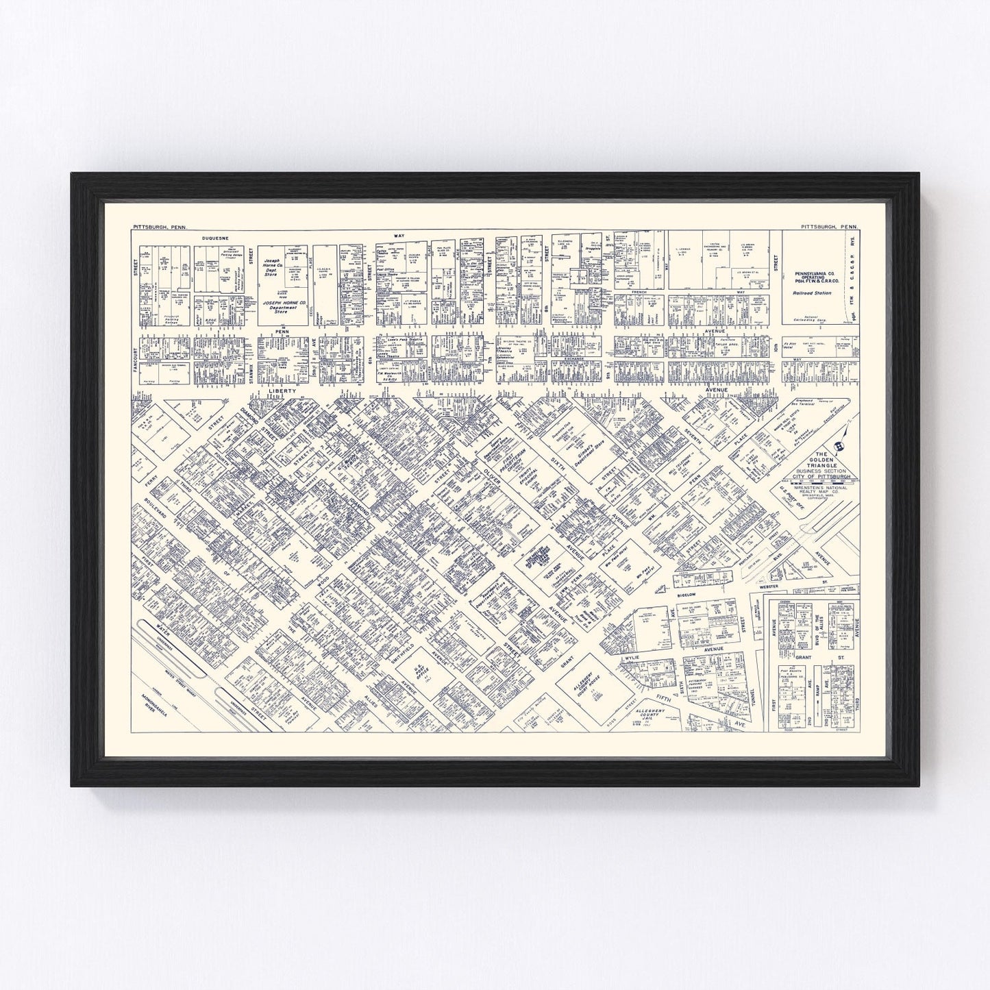 vintage map of Pittsburgh, Pennsylvania business section, 1950