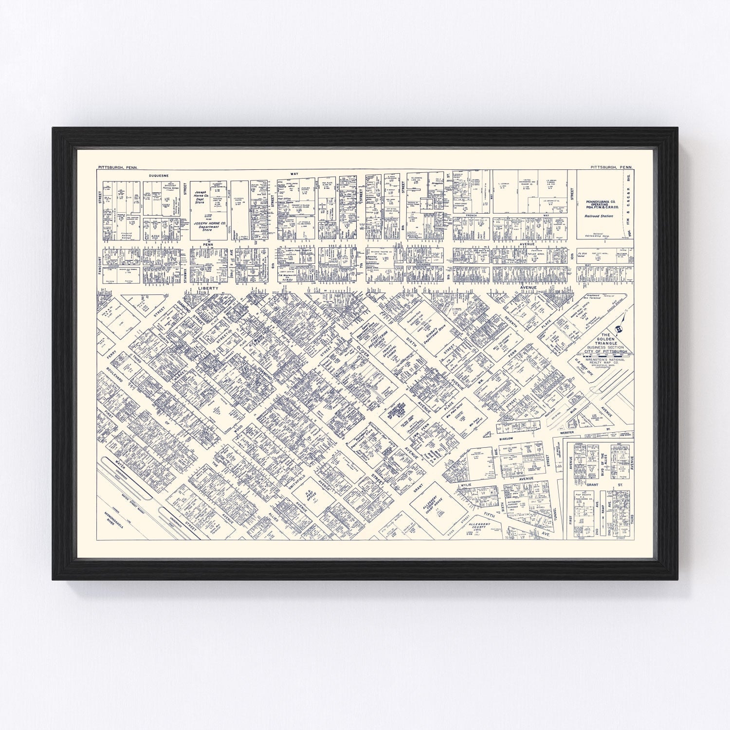 vintage map of Pittsburgh, Pennsylvania business section, 1950