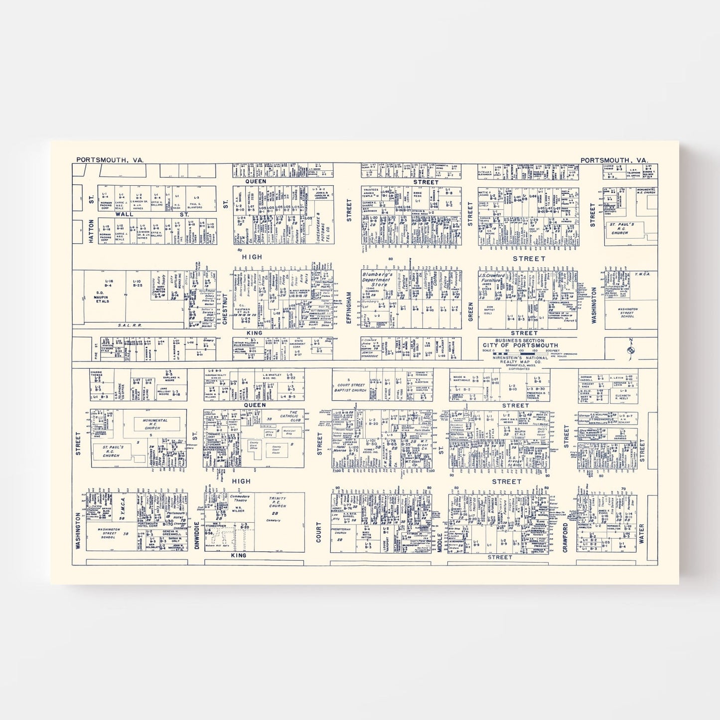 Vintage Map of Portsmouth, VA Business Section, 1950