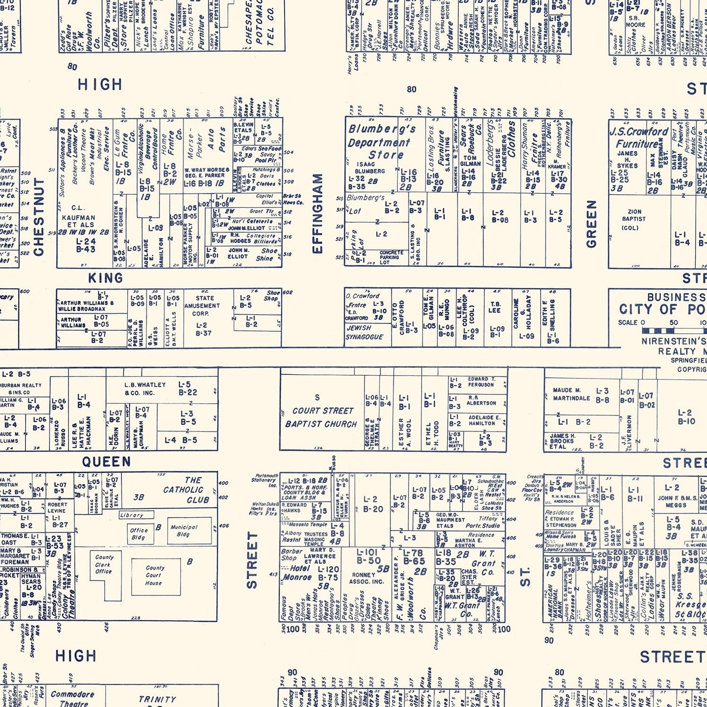 Vintage Map of Portsmouth, VA Business Section, 1950