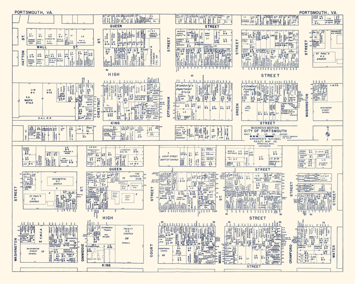 Vintage Map of Portsmouth, VA Business Section, 1950