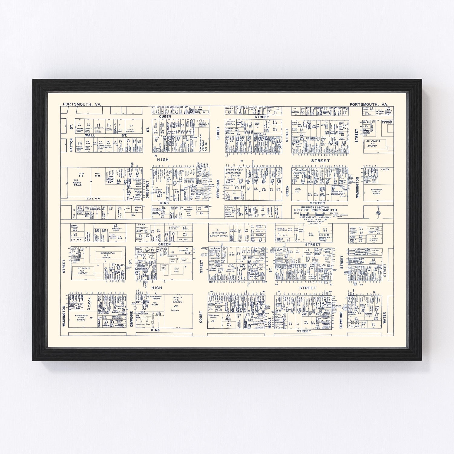 Vintage map of Portsmouth Virginia business section, 1950