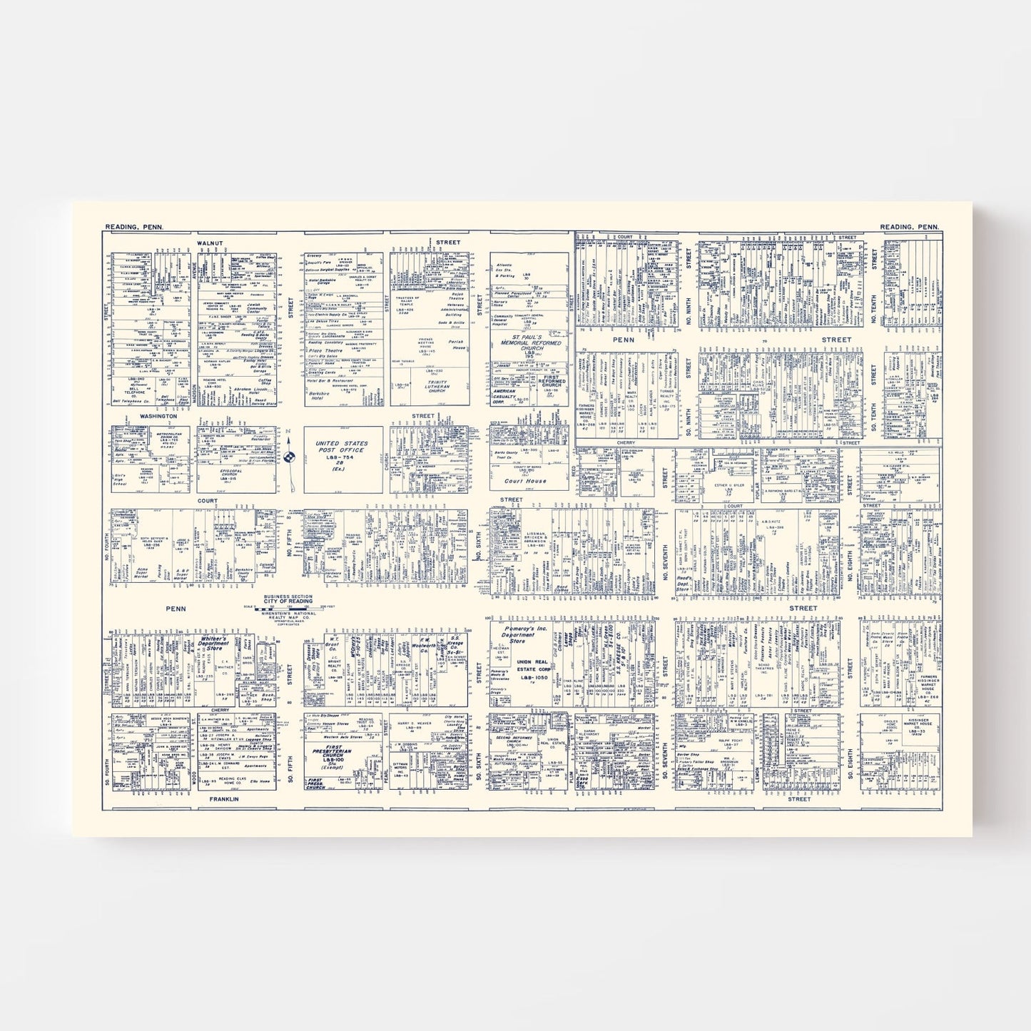 Vintage Map of Reading, PA Business Section, 1950