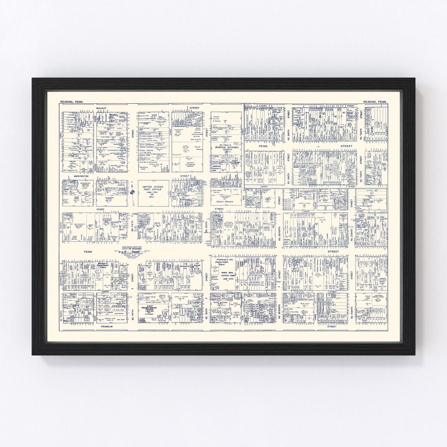 Vintage map of Reading, Pennsylvania business section, 1950