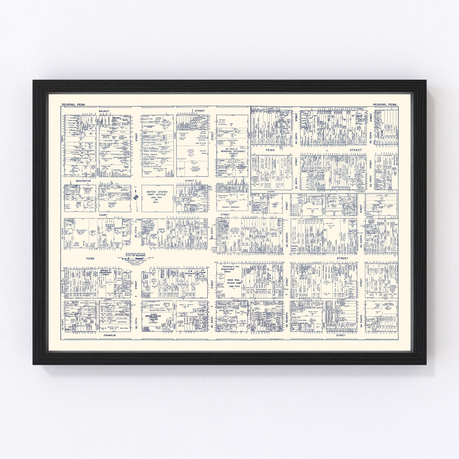 Vintage map of Reading, Pennsylvania business section, 1950