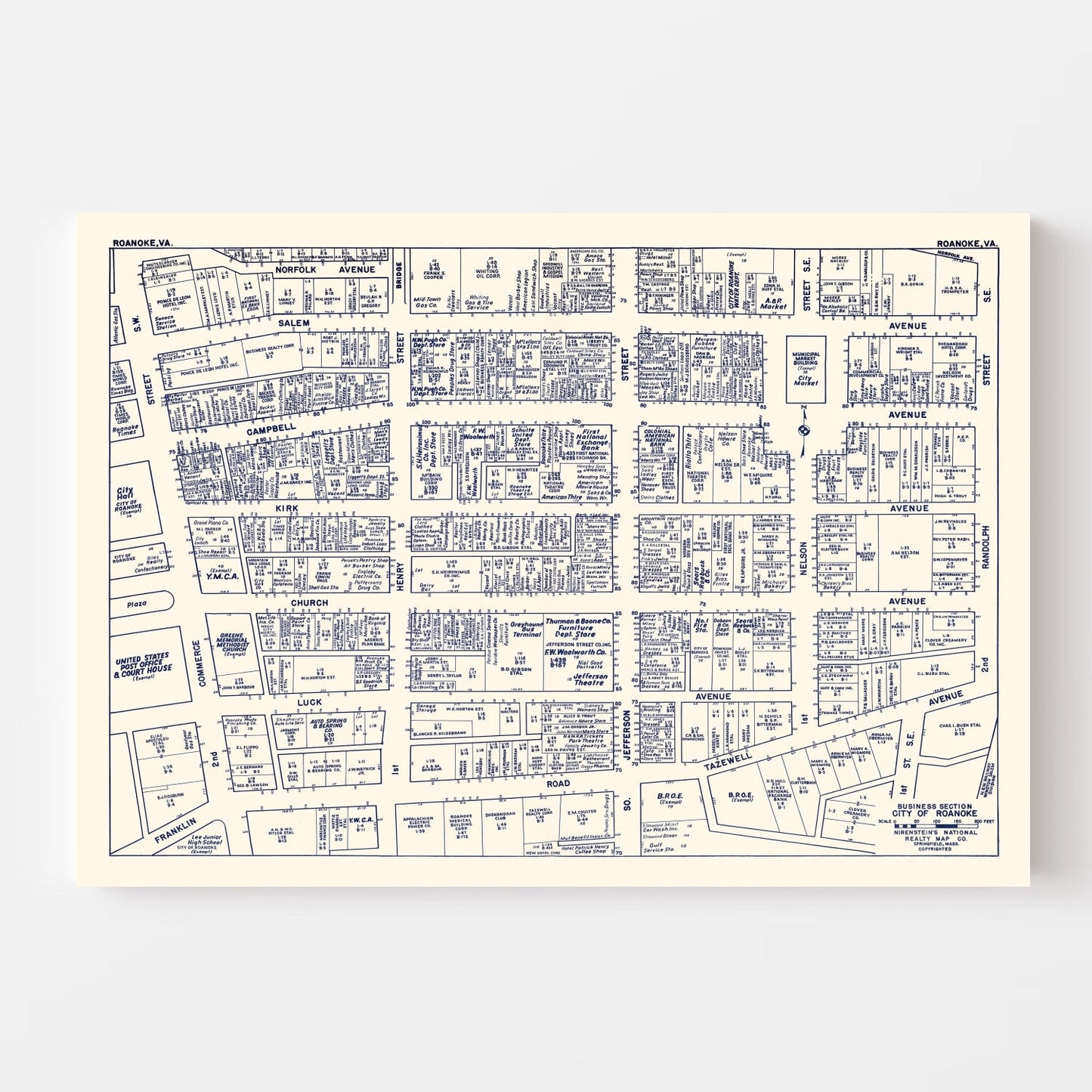 Vintage Map of Roanoke, Virginia Business Section, 1950