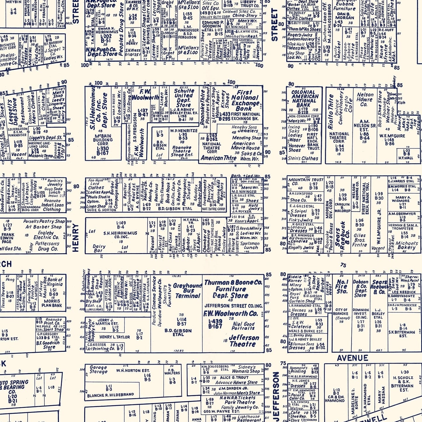 Vintage Map of Roanoke, Virginia Business Section, 1950