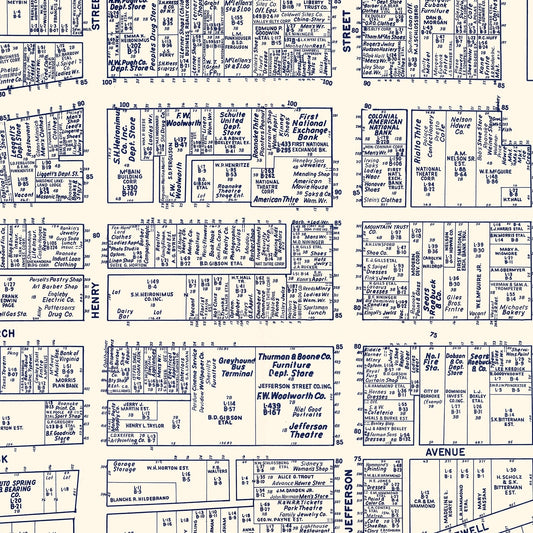 Vintage Map of Roanoke, Virginia Business Section, 1950