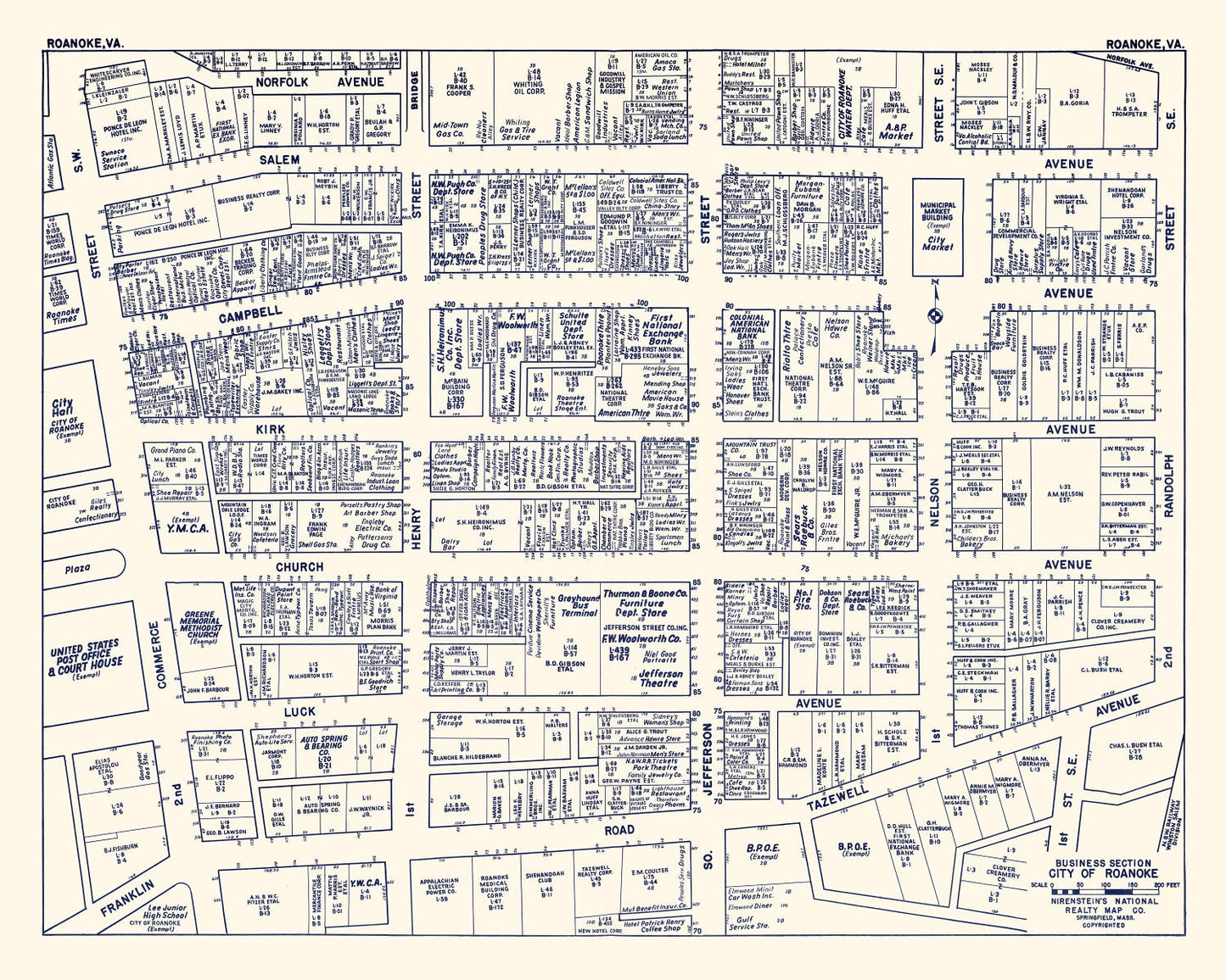 Vintage Map of Roanoke, Virginia Business Section, 1950