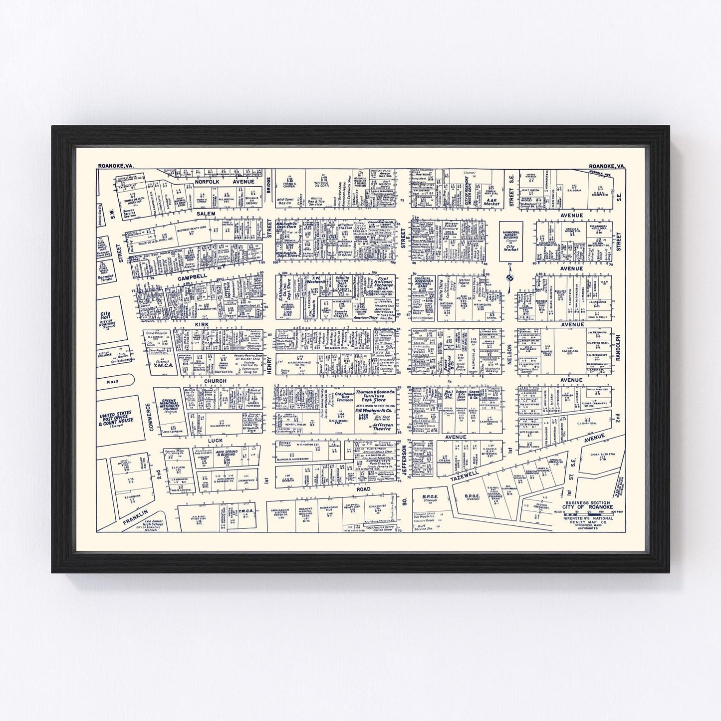 Vintage map of Roanoke, Virginia business section, 1950