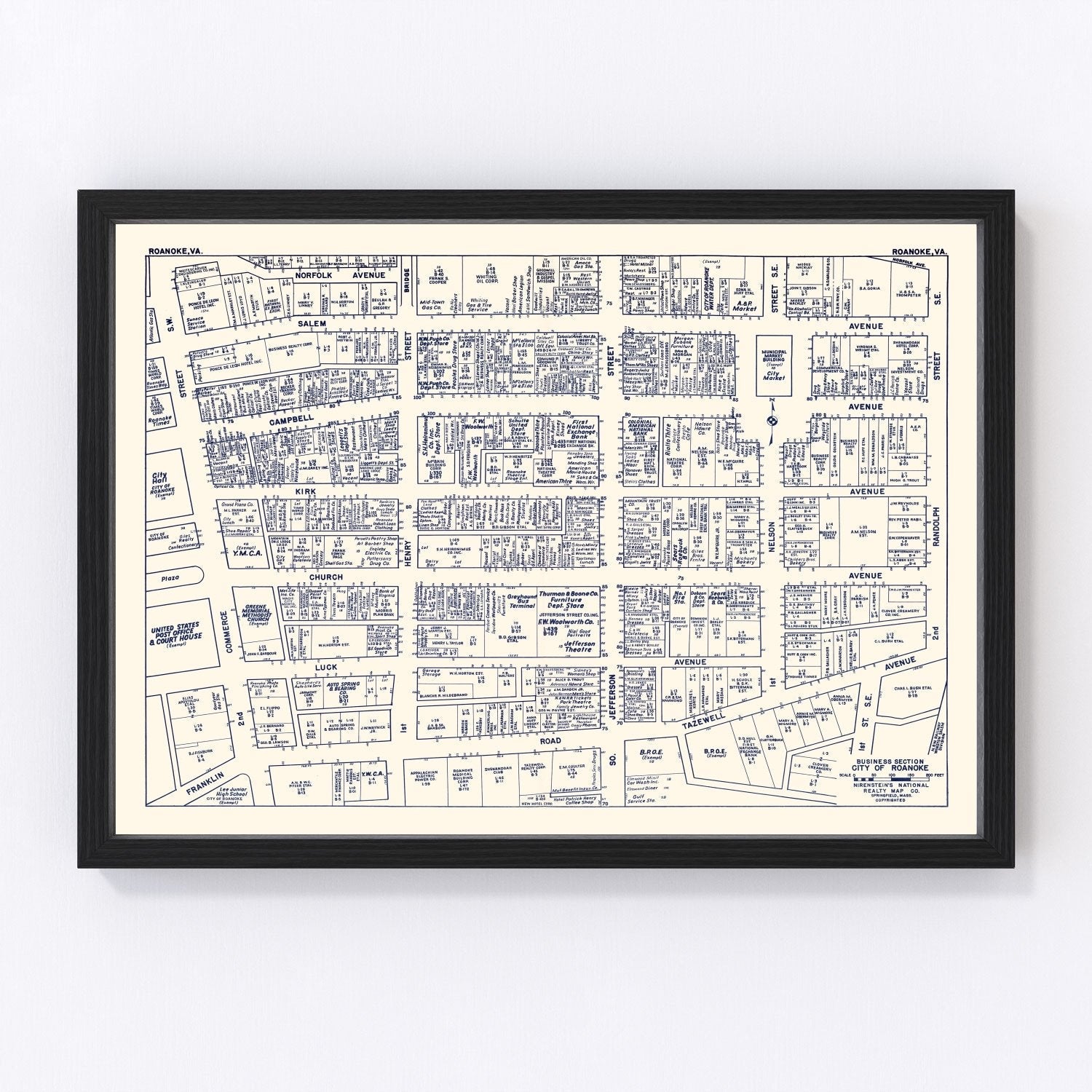 Vintage map of Roanoke, Virginia business section, 1950