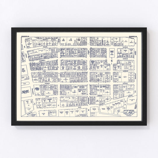 Vintage map of Roanoke, Virginia business section, 1950