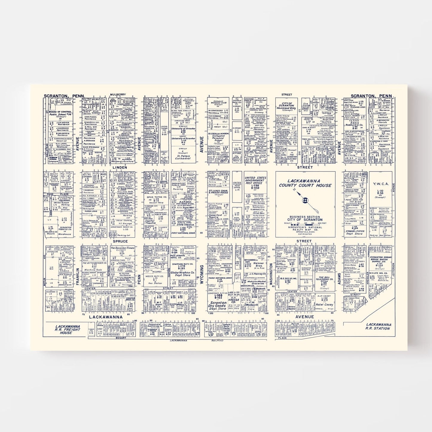 Vintage Map of Scranton, Pennsylvania Business Section, 1950