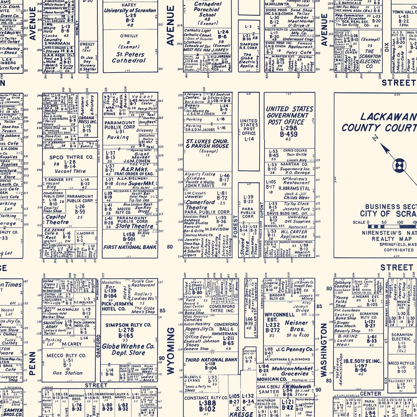 Vintage Map of Scranton, Pennsylvania Business Section, 1950